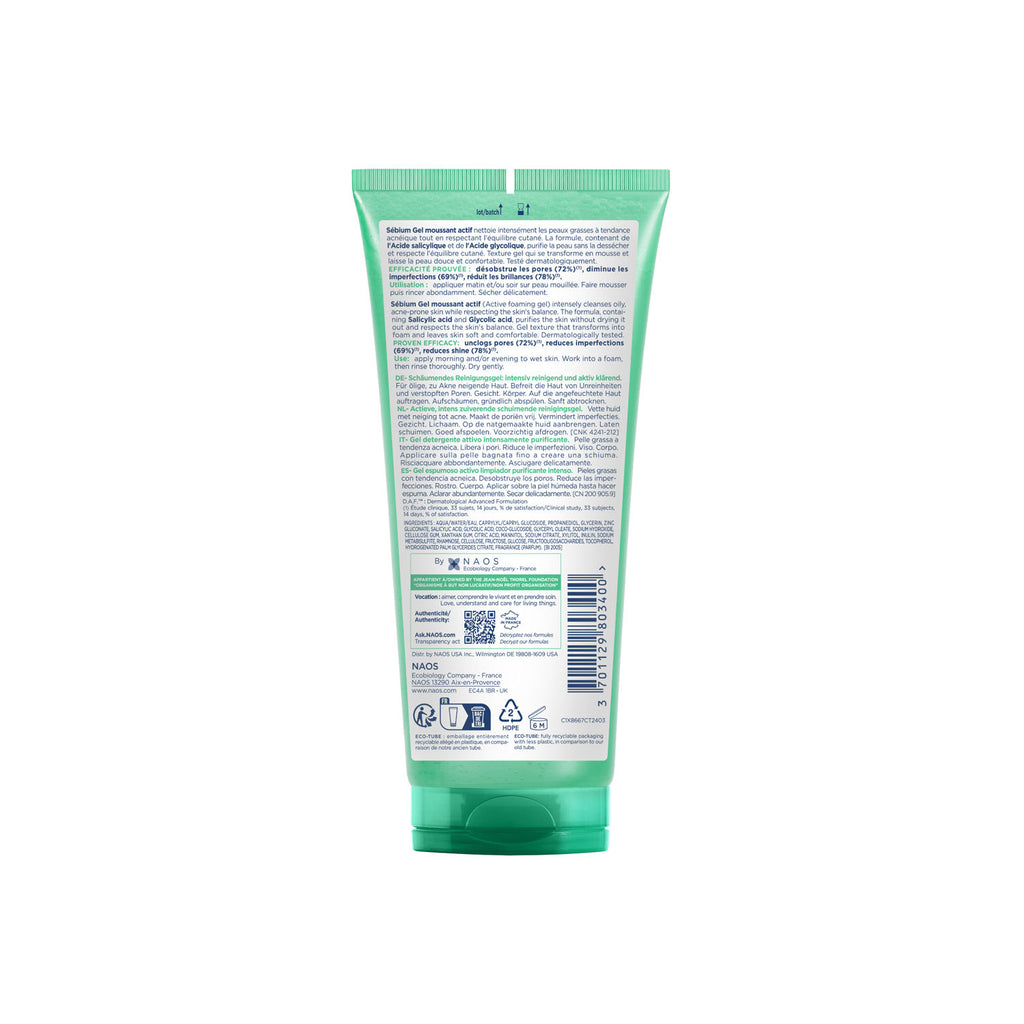 Sebium Gel Moussant Actif Cleanser with Salicylic & Glycolic Acid for Acne Prone, Oily Skin