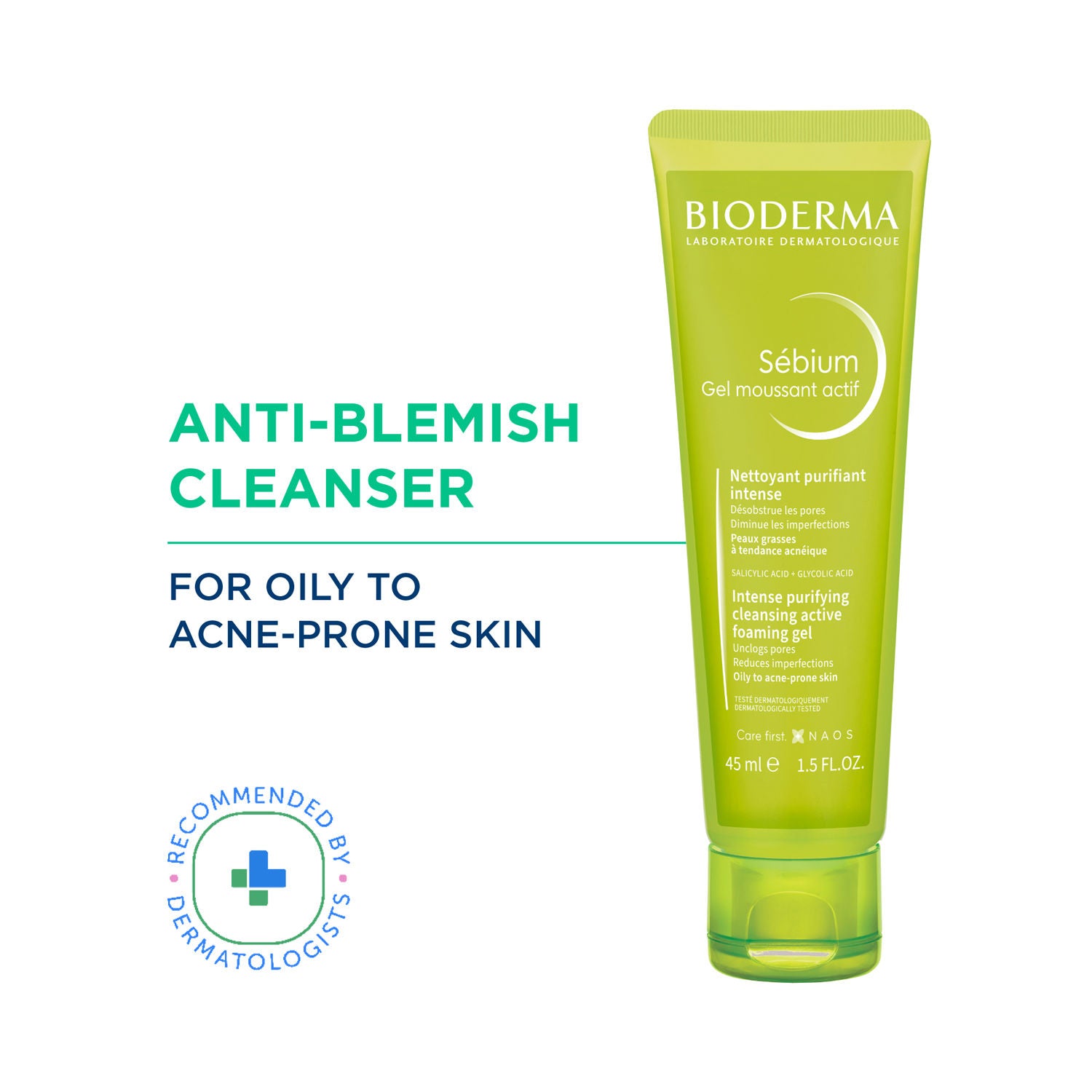 Sebium Gel Moussant Actif Cleanser with Salicylic & Glycolic Acid for Acne Prone, Oily Skin - 45ml