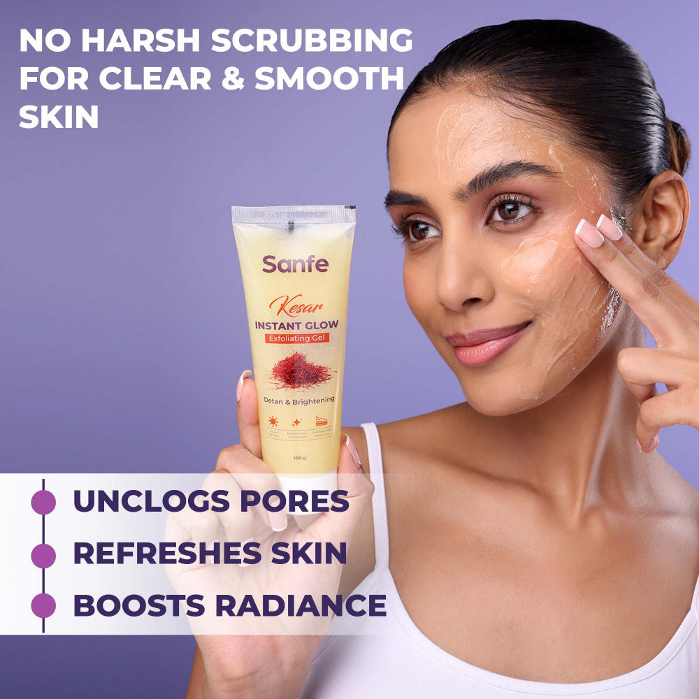 Kesar Instant Glow Exfoliating Gel - Visibly removes tan, brighten skin, AHA Exfoliation, 100g