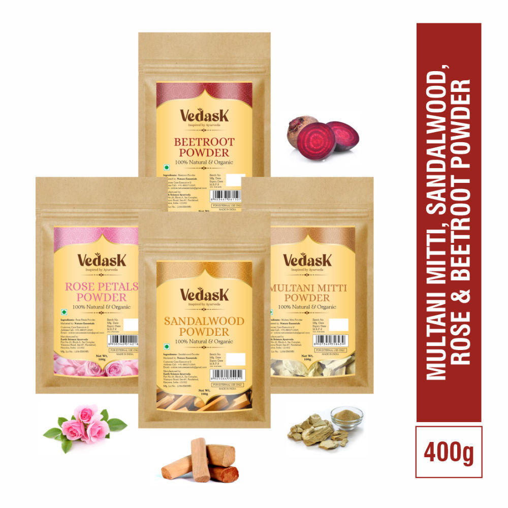 Organic Beetroot Powder Multani Mitti, Sandal Wood Powder, Rose & Beetroot Powder
