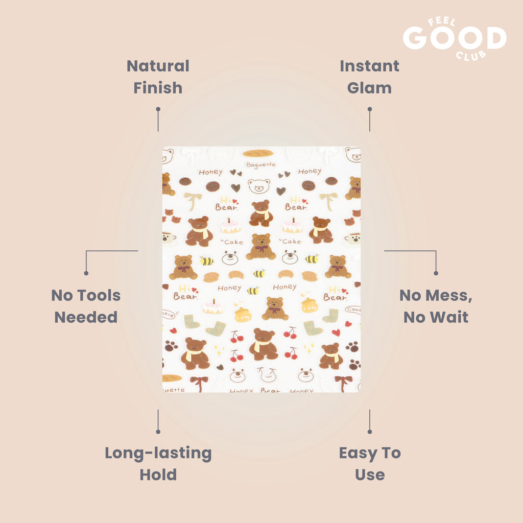 Bows & Bears Nail Stickers For Quick Nail Art - Peel & Apply After Nail Polish Enamel