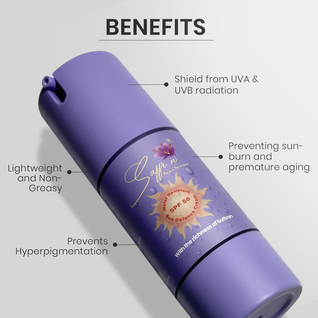 Saffr’n Sun Defence SPF 50 PA+++ Waterproof Sweat-Resistant Non Greasy Sunscreen with Saffron extract | 30g