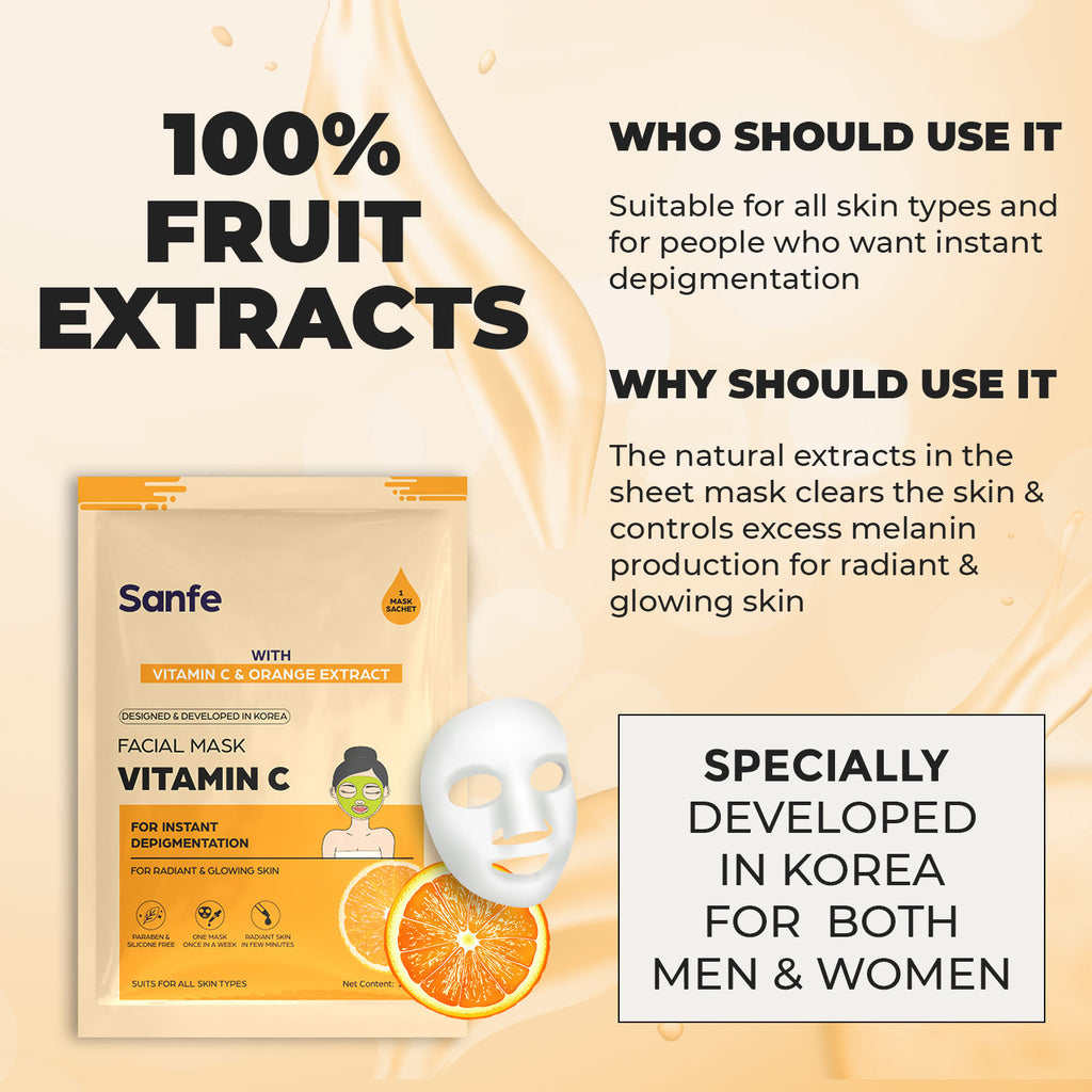 Vitamin C Face Sheet Mask, Korean Skincare For Instant Glow, Hydration & Brightening