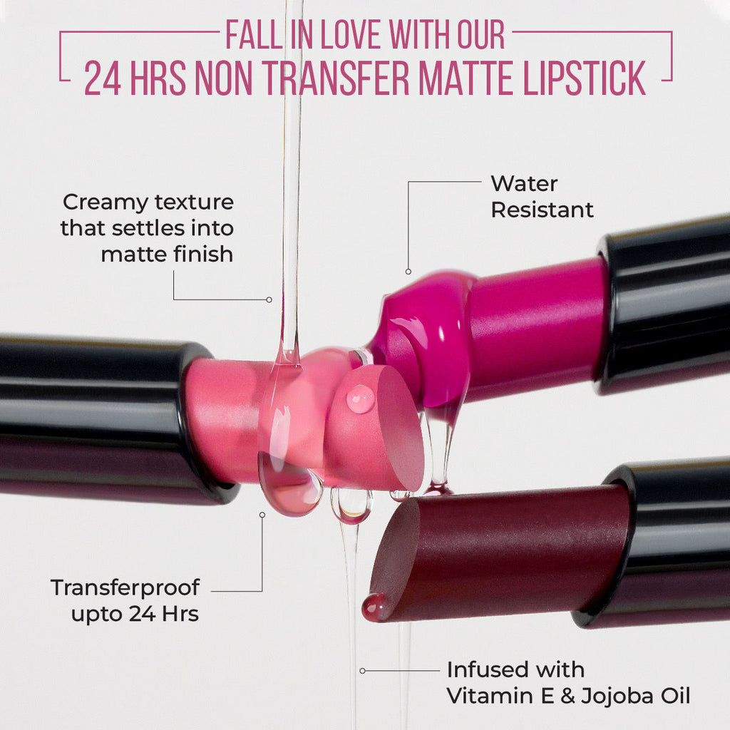 24 Hrs Non Transfer Matte Lipstick, Creamy Texture Matte Finish, Waterproof