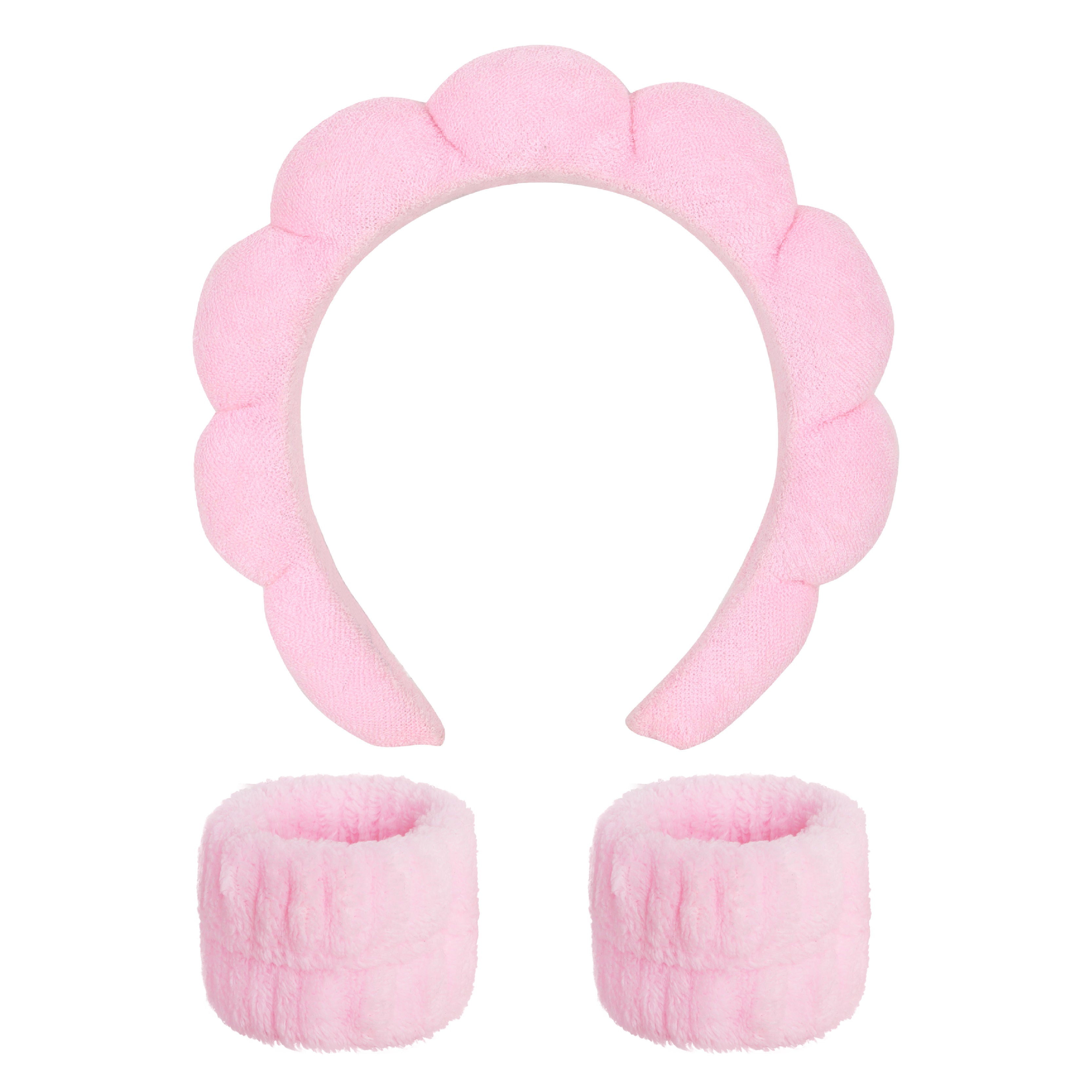 Pink Bubble Headband & Wristbands - Set For Face Wash Skincare Makeup And Spa