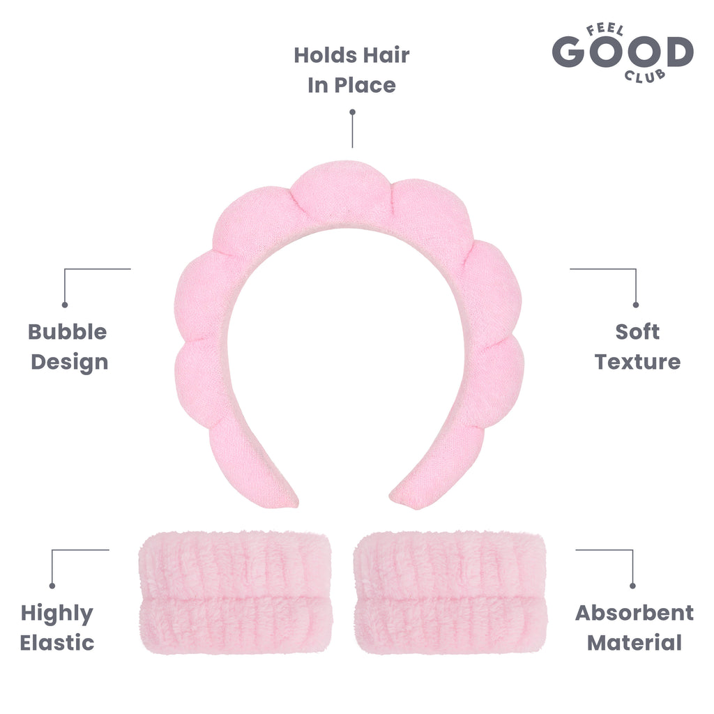 Pink Bubble Headband & Wristbands - Set For Face Wash Skincare Makeup And Spa