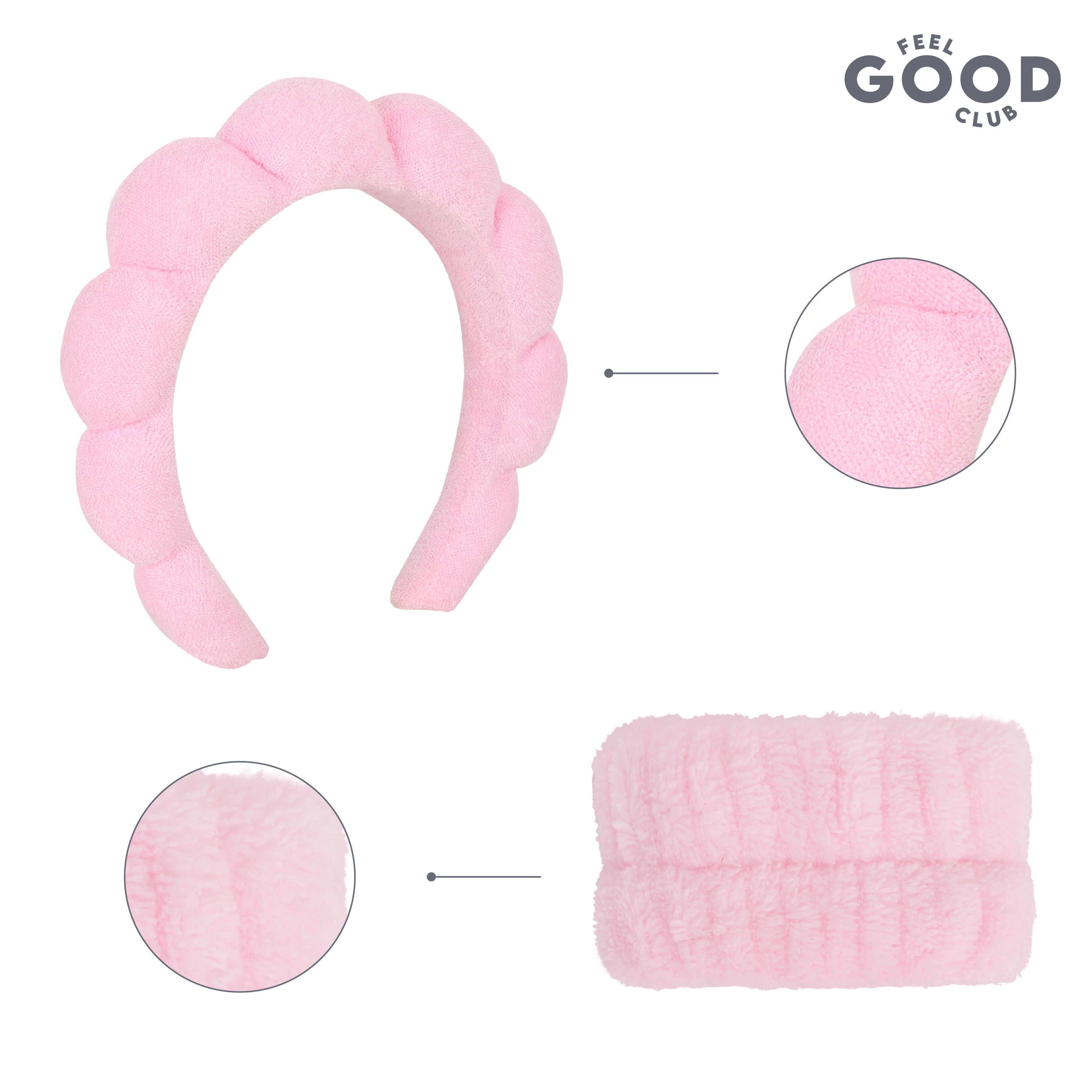 Pink Bubble Headband & Wristbands - Set For Face Wash Skincare Makeup And Spa
