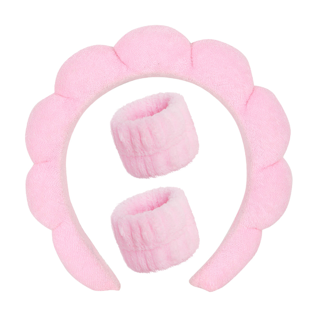 Pink Bubble Headband & Wristbands - Set For Face Wash Skincare Makeup And Spa