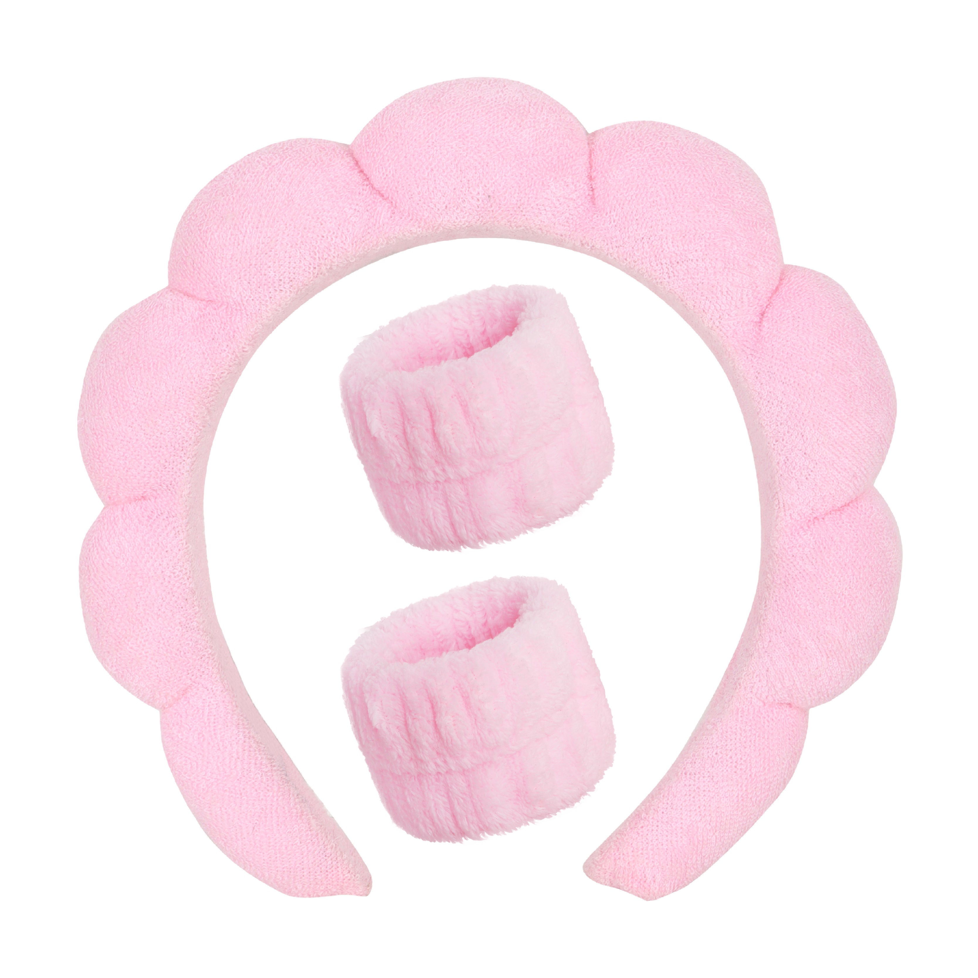 Pink Bubble Headband & Wristbands - Set For Face Wash Skincare Makeup And Spa