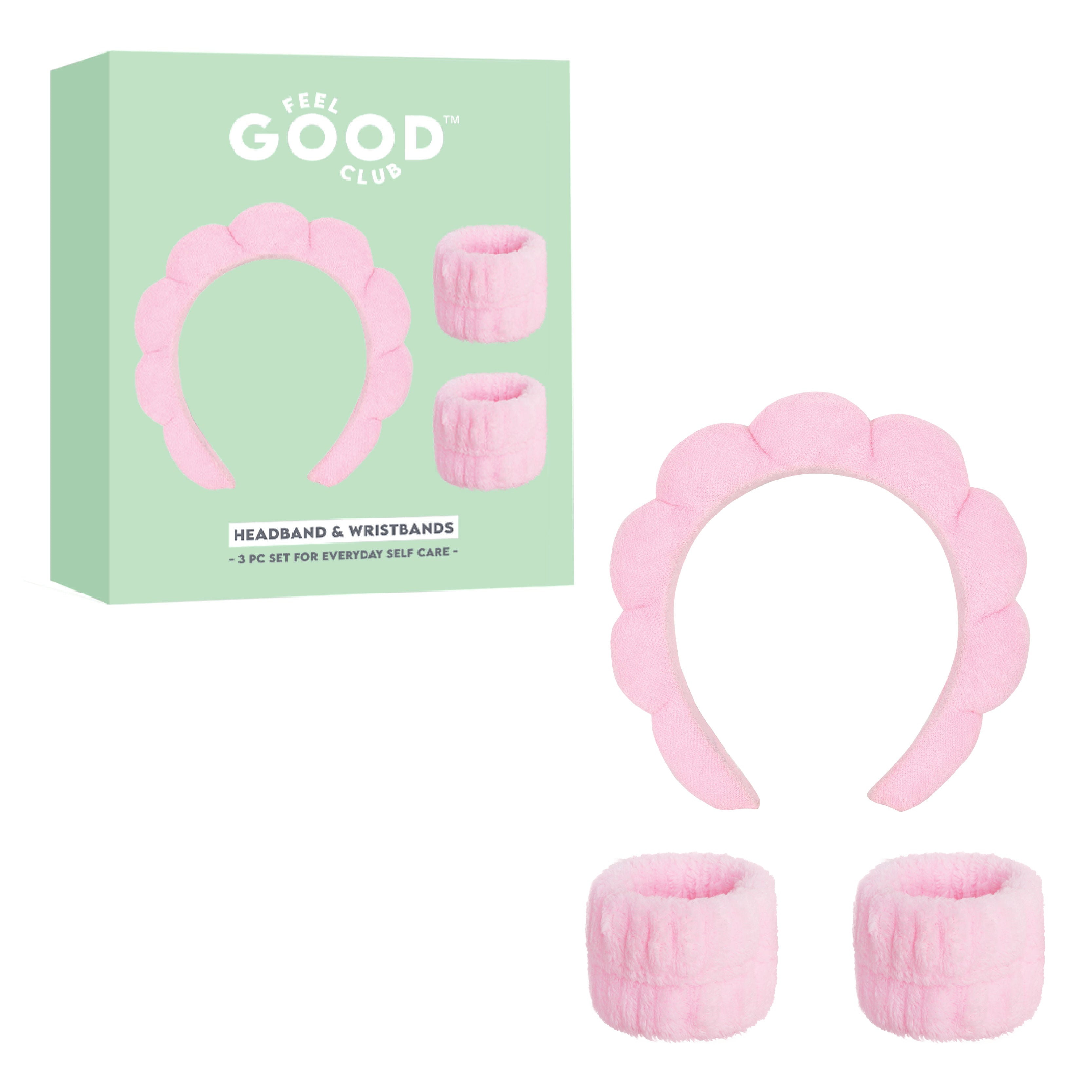Pink Bubble Headband & Wristbands - Set For Face Wash Skincare Makeup And Spa