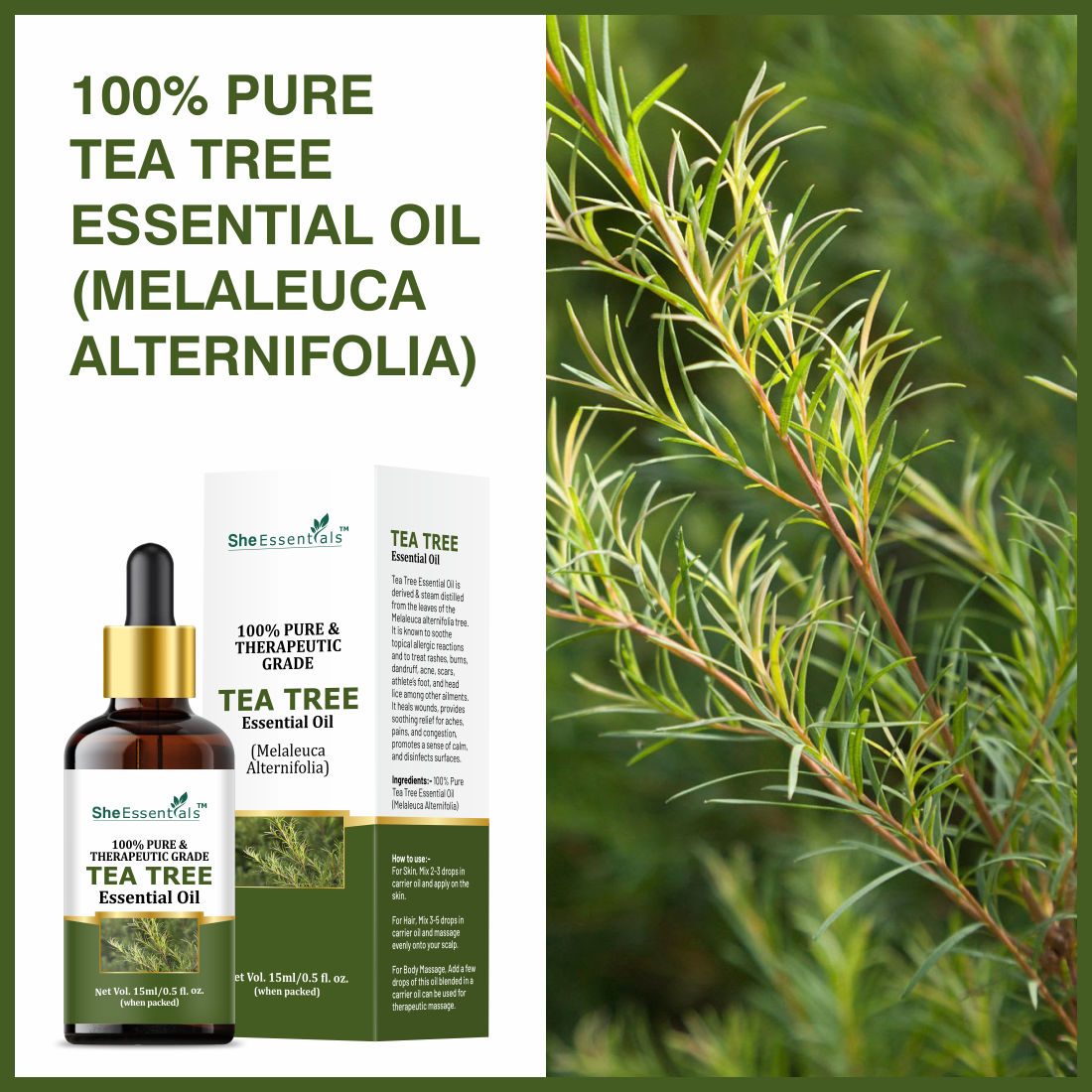 Tea Tree Essential Oil For Active Acne & Pimples, Blemishes & Flakes, Organic & Pure