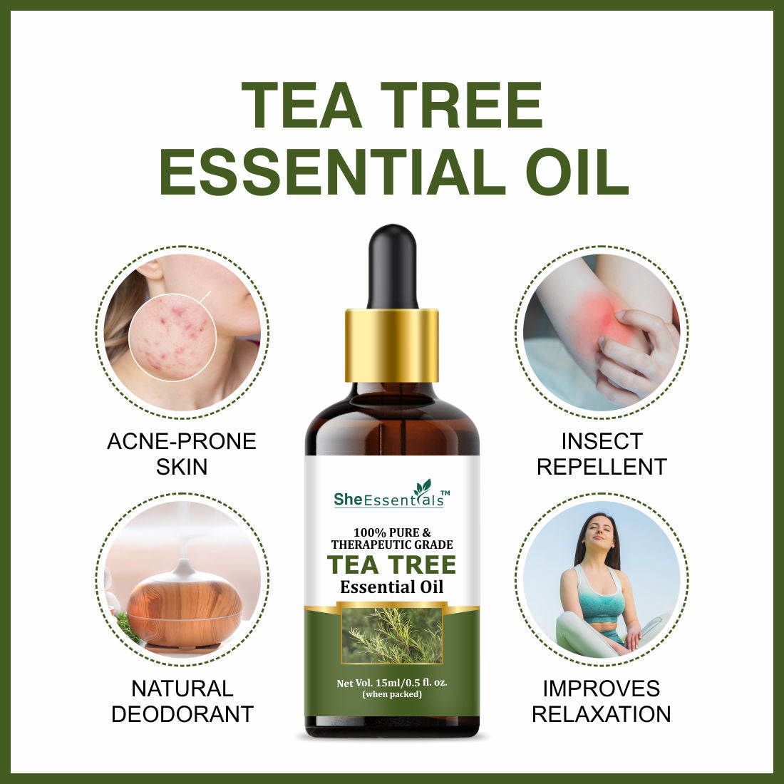 Tea Tree Essential Oil For Active Acne & Pimples, Blemishes & Flakes, Organic & Pure