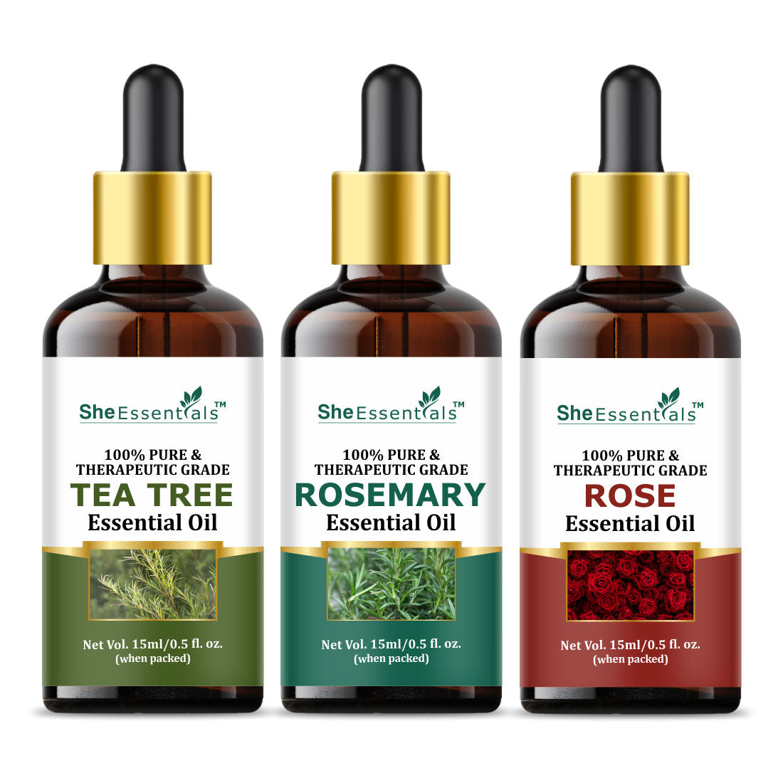 Rosemary, Rose & Tea Tree Essential Oil For Hair Growth, Acne, Skincare & Haircare