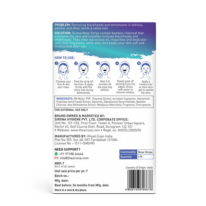 Natural Bamboo Charcoal Nose Strips For Women, Removes Blackheads,Whiteheads & Pore Cleanser