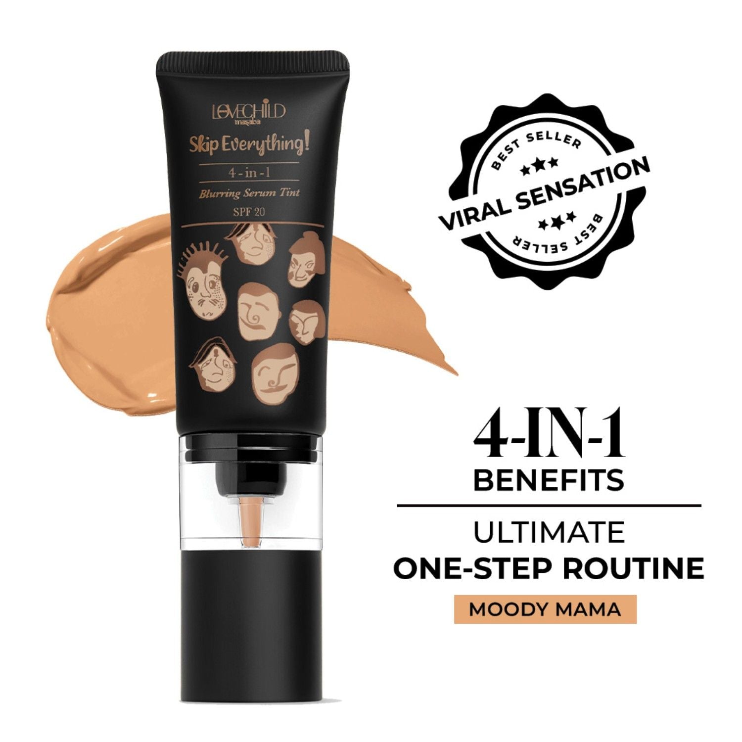 Skip Everything Serum Skin Tint SPF 20, Liquid Foundation for all Skin type, with In-Built Brush, Enriched with Vitamin E for anti-ageing benefits - Moody Mama