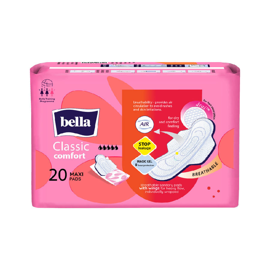 Classic Comfort Maxi Drai, Breathable Sanitary Pads with Wings, Heavy Flow (20 Pcs)