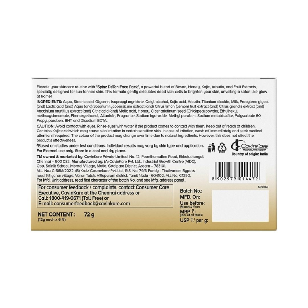 DeTan Face Pack Tan Removal Cream with Kojic, Besan & Honey - 12g x 6