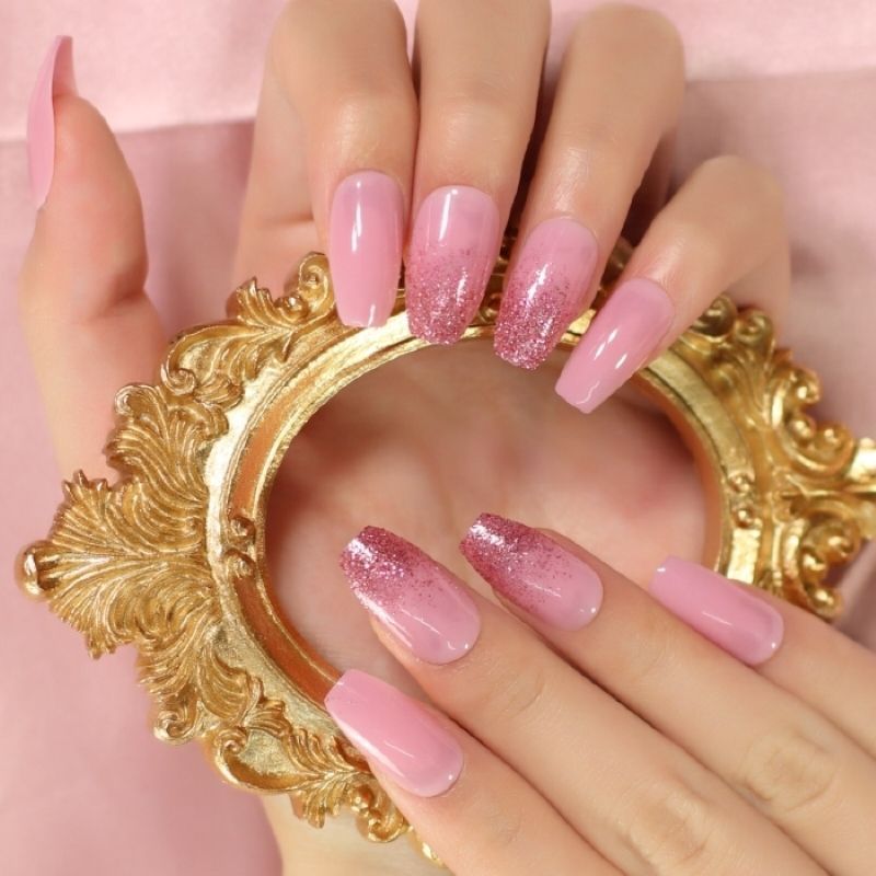 Camellia Pink Glitter Press On Nails