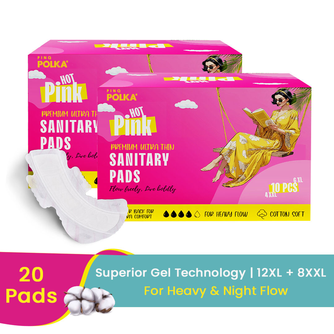 POLKA Hot Pink Sanitary Pads XXL & XL Rash Free Heavy Flow Double Wings Protection - 20 Pads