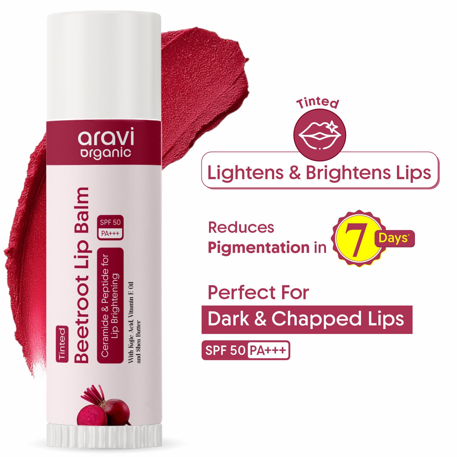Beetroot Tinted Lip Balm SPF 50 PA++++,Dry & Dark Pigmented Lips,Kojic Acid & Ceramide