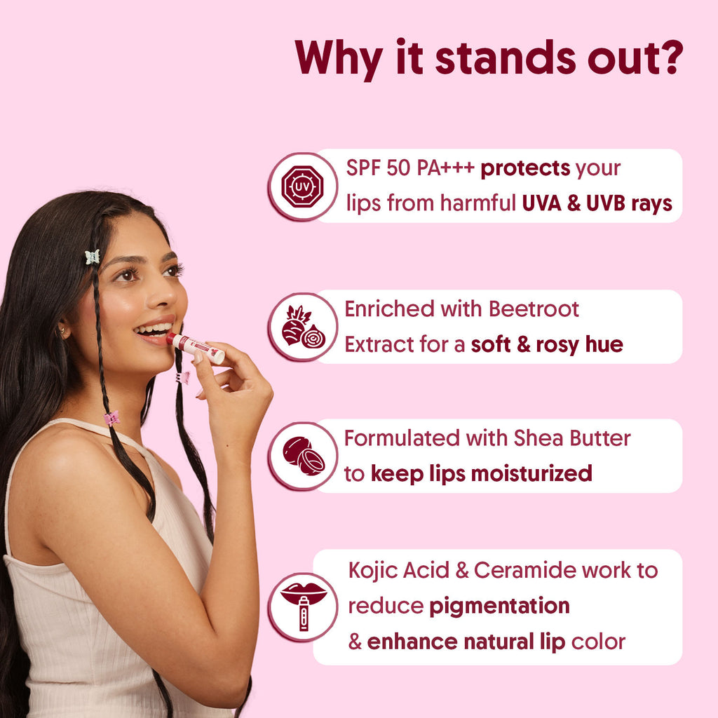 Beetroot Tinted Lip Balm SPF 50 PA++++,Dry & Dark Pigmented Lips,Kojic Acid & Ceramide