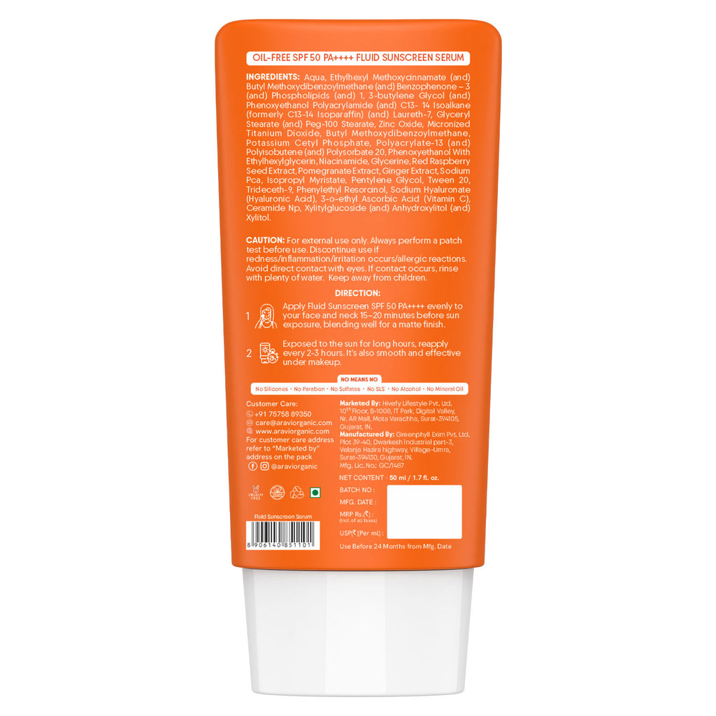 Oil-Free Fluid Face Sunscreen SPF 50 PA++++, In-Vivo Tested, For Oily & Dry Skin