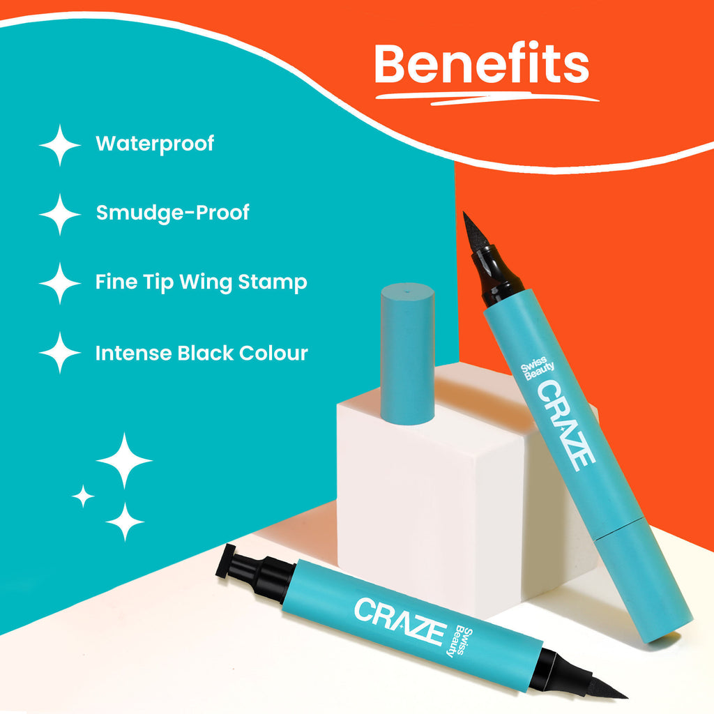 CRAZE Eyeliner and Stamp Duo Wing Eyeliner Stamp and Pen Waterproof Formula - Black