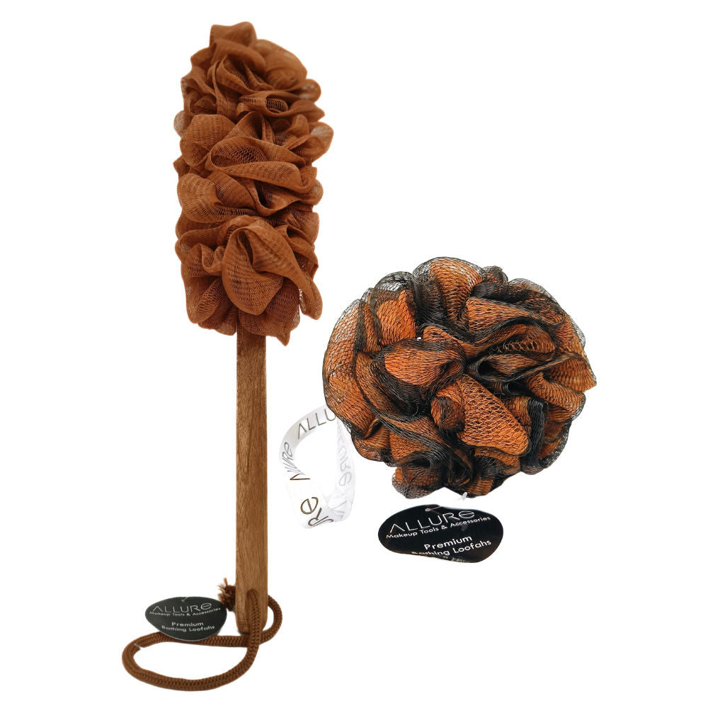 Wooden Bath Brush & Loofah Metallic Set (Color May Vary)