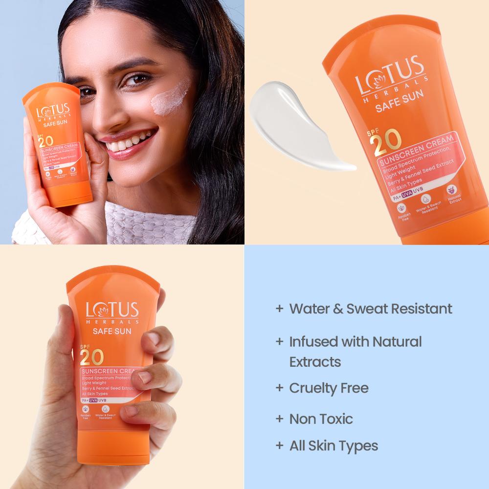SafeSun Sunscreen Cream SPF 20 PA+ ,Berry & Fennel Seed Extracts,Waterproof & Oil-free