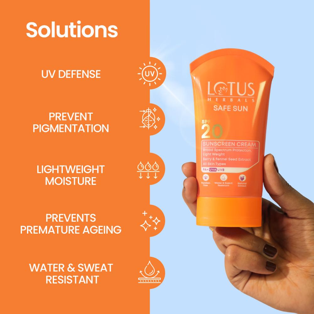 SafeSun Sunscreen Cream SPF 20 PA+ ,Berry & Fennel Seed Extracts,Waterproof & Oil-free