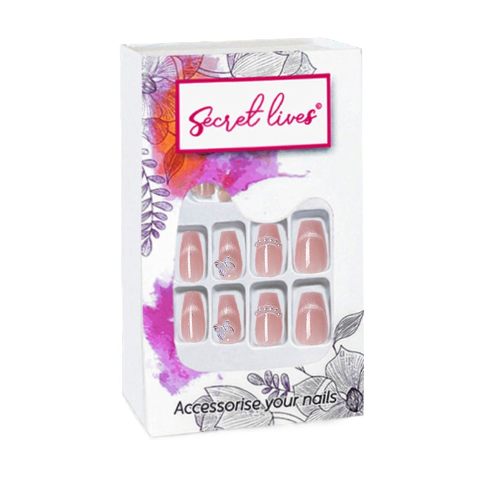 Cats Eye 3D Butterfly & Pearls with Translucent Pink Color Press On Nails