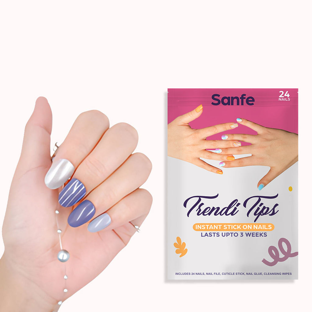 Instant Stick On Nails - Purple Chrome 24 Reusable Artificial Fake Nails Light Salon Look