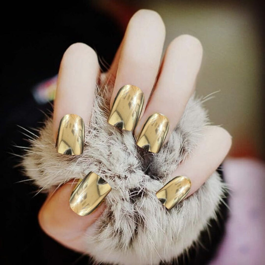 Instant Stick On Nails - Golden Chrome 24 Reusable Artificial Fake Nails Light Salon Look