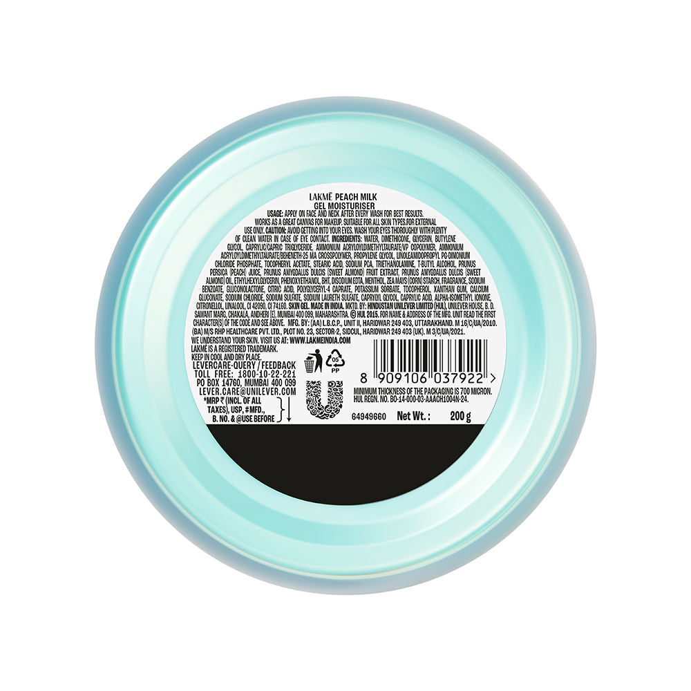 Lakmé Peach Gel Moisturiser 2%Pro Ceramide, Skin Barrier Repair & Glowing Skin,All Skin Types