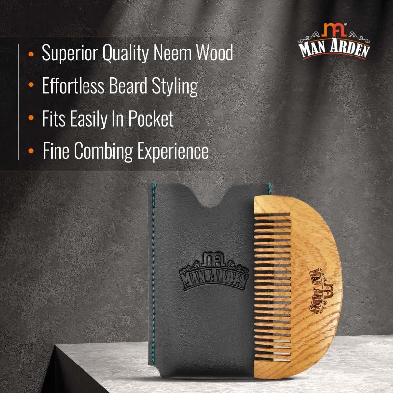 Pure Neem Wooden Pocket Size Beard Comb With Premium Faux Leather Pouch