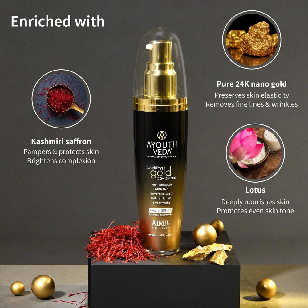 Sparkling Gold Day Cream with 24K Nano Gold, Saffron & Lotus for Radiant, Youthful Skin