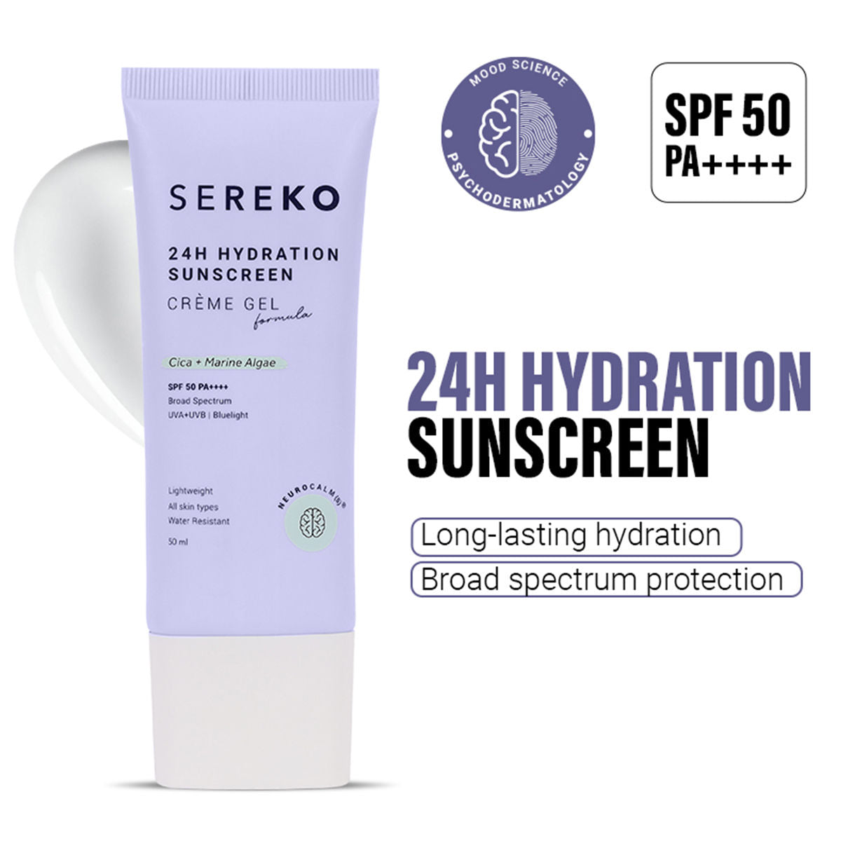 Spf 50 Pa++++ Face Sunscreen Lightweight, No White Cast, Water Resistant With Cica