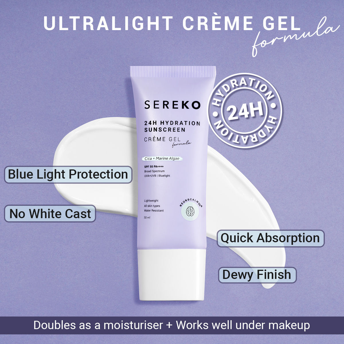 Spf 50 Pa++++ Face Sunscreen Lightweight, No White Cast, Water Resistant With Cica