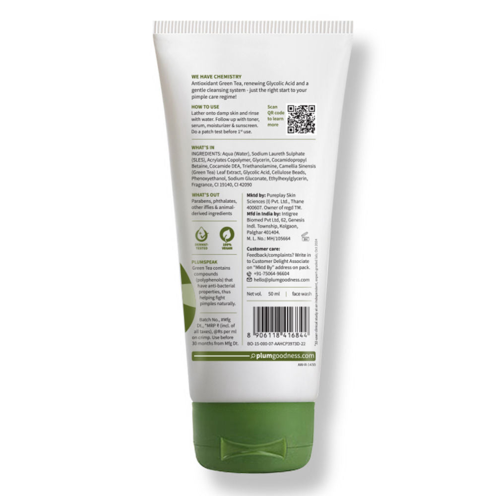 Green Tea Pore Cleansing Gel Face Wash With Glycolic Acid - Fights Acne &OilForClearSkin