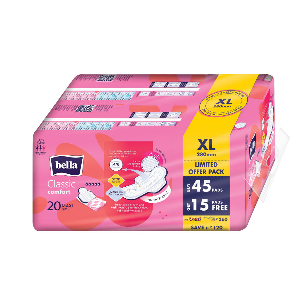Classic Comfort Maxi Dry Sanitary Pads, 45 Pads + 15 Pads Free