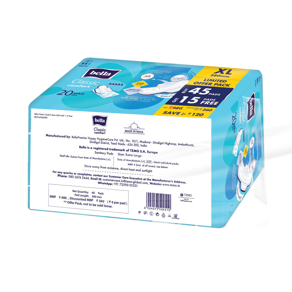 Classic Comfort Maxi Softi Sanitary Pads, 45 Pads + 15 Pads Free