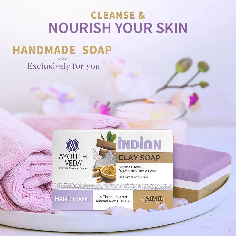 Indian Clay Soap, Triple-Layer Mineral-Rich Handmade Bar with Multani Mitti for Oily Skin