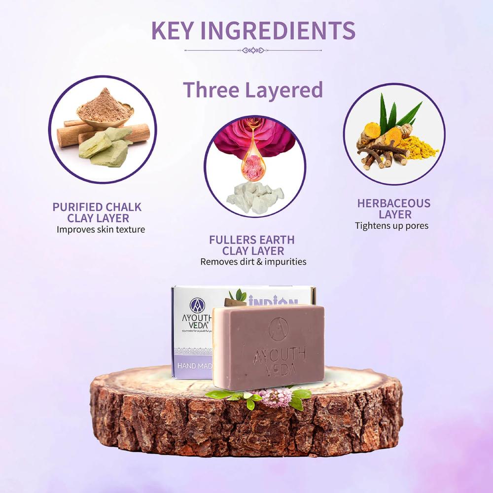 Indian Clay Soap, Triple-Layer Mineral-Rich Handmade Bar with Multani Mitti for Oily Skin