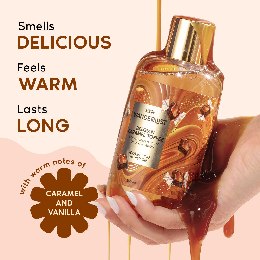 Nykaa Wanderlust Belgian Caramel Toffee Perfume Body Wash Lactic Acid Hydrating Brightening Vanilla