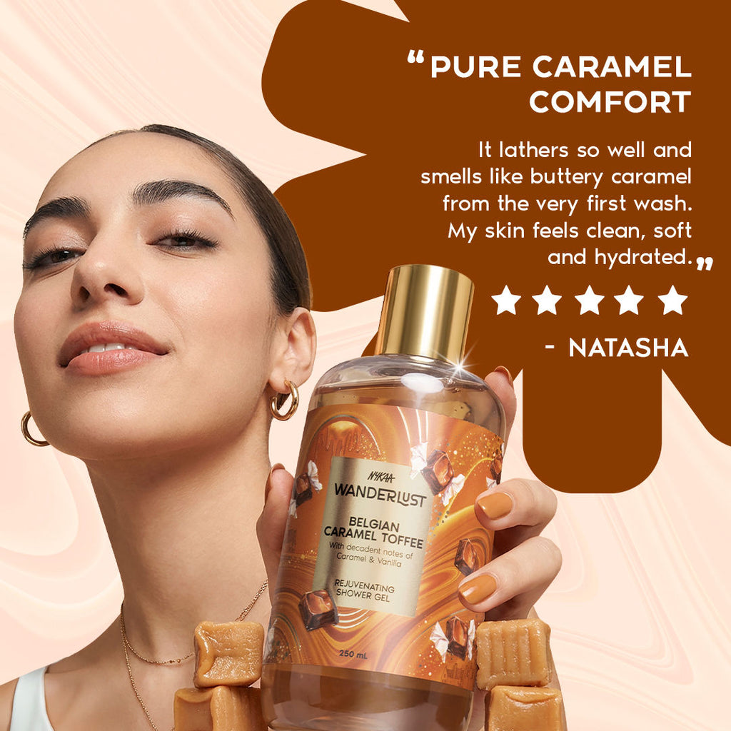 Nykaa Wanderlust Belgian Caramel Toffee Perfume Body Wash Lactic Acid Hydrating Brightening Vanilla