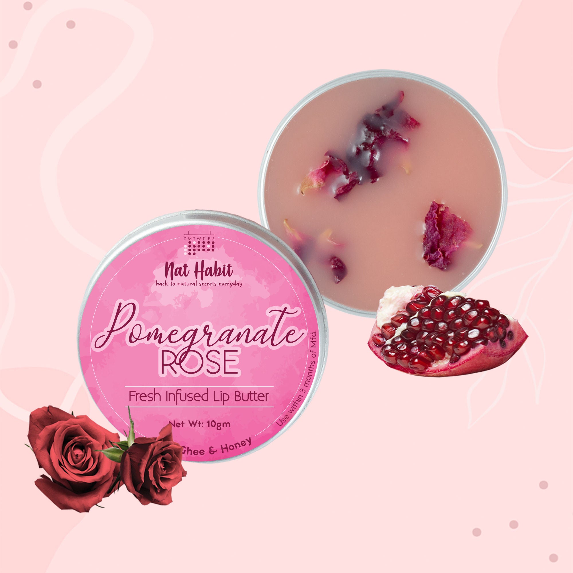Pomegranate Rose Lip Balm For Dark Pigmented Lips, Lip Butter With Desi Ghee & Honey