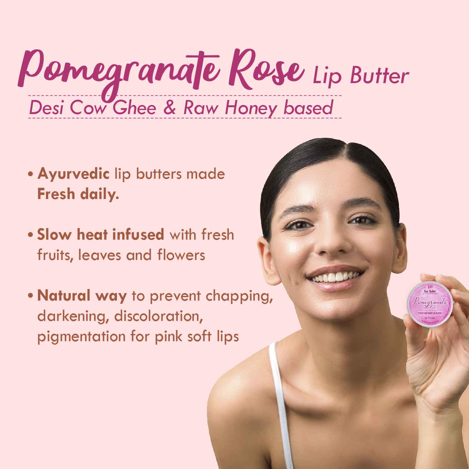 Pomegranate Rose Lip Balm For Dark Pigmented Lips, Lip Butter With Desi Ghee & Honey