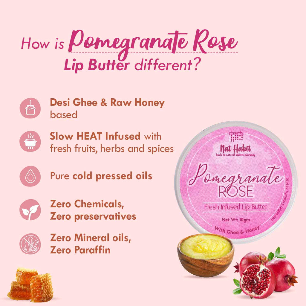 Pomegranate Rose Lip Balm For Dark Pigmented Lips, Lip Butter With Desi Ghee & Honey