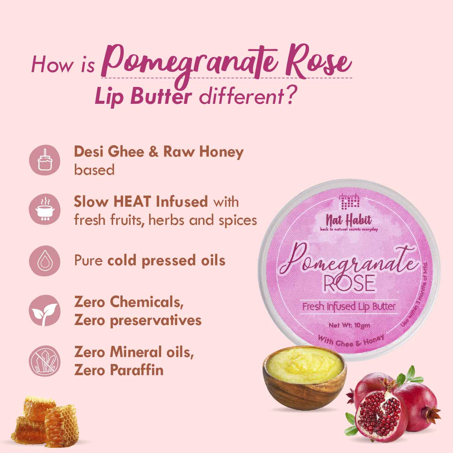 Pomegranate Rose Lip Balm For Dark Pigmented Lips, Lip Butter With Desi Ghee & Honey
