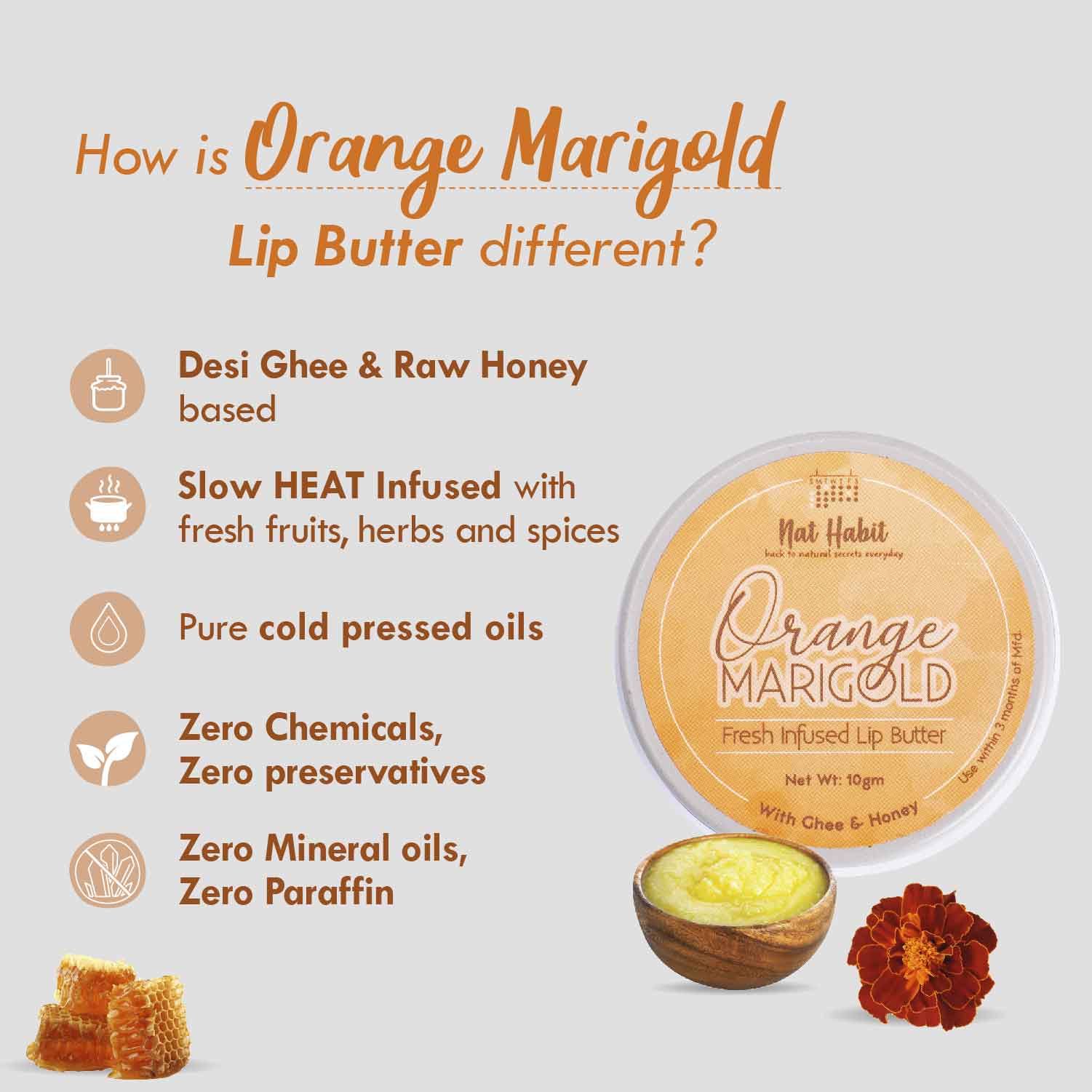 Desi Ghee & Honey Lip Balm, Orange Marigold Lip Butter For Lip Pigmentation & Chapped Lips